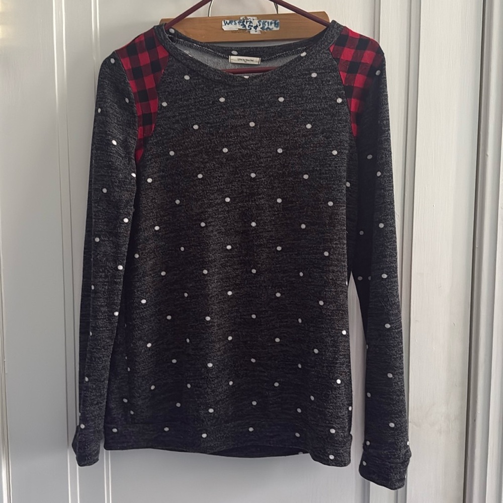 Cute 2pm by Mon Ami Polka Dot light sweater with patch details.